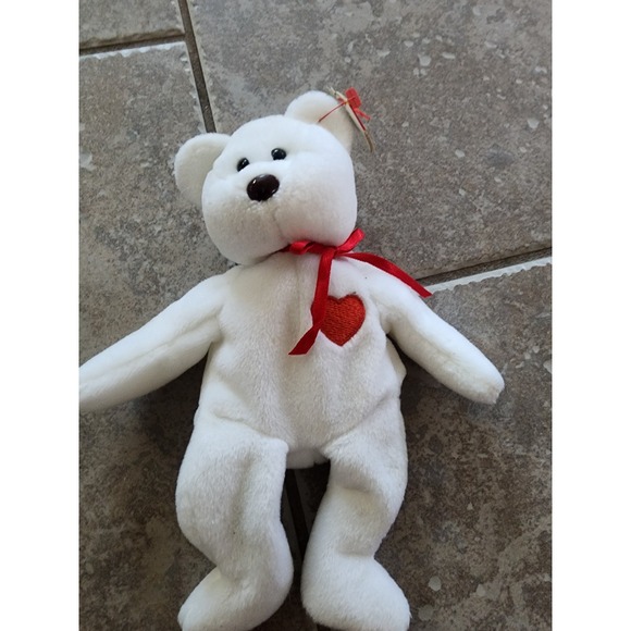 Ty Other - Ty Beanie Baby Valentina the Bear White Plush Red Heart 1998 Valentine Bear